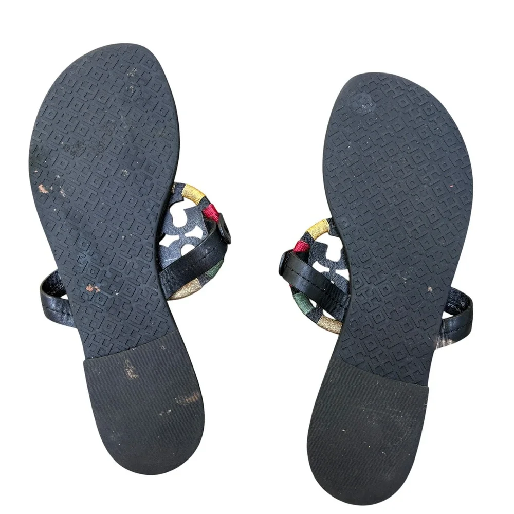 Tory Burch Womens 9M Miller Thong Sandals Black Multi Color Embroidered Logo